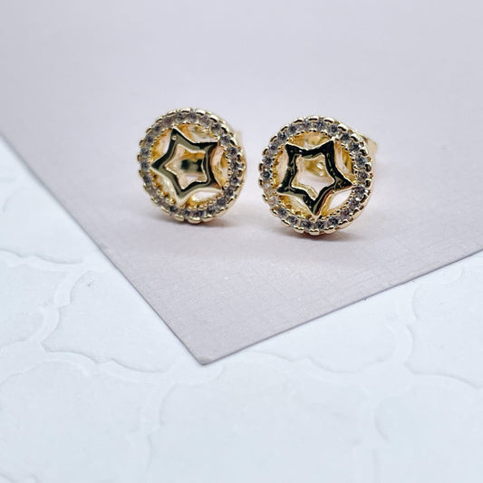 18k Gold Layered Star Inside Circle of Cubic Zirconia Stud Earrings, Small