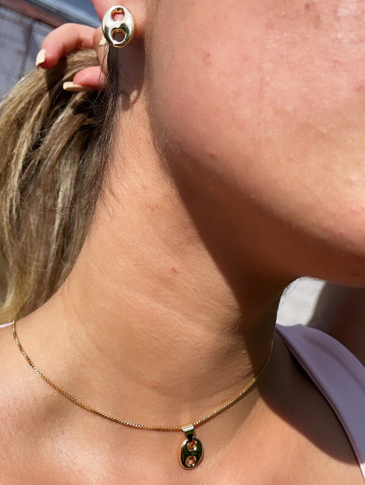 18k Gold Layered Mariner Link Set with Stud Earrings and Charm Pendant Necklace