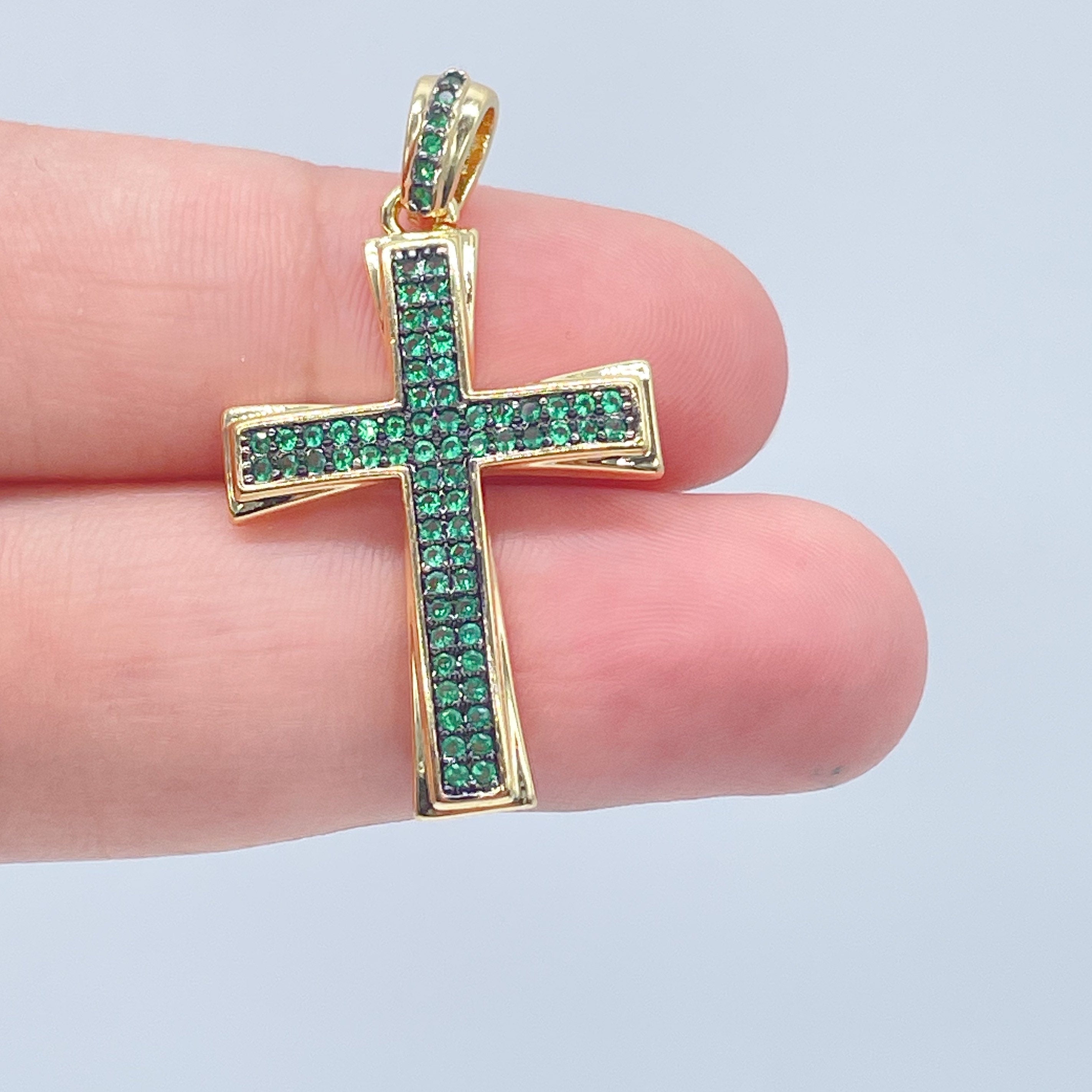 18k Gold Layered Colorful Cubic Zirconia Cross Pendant Charm