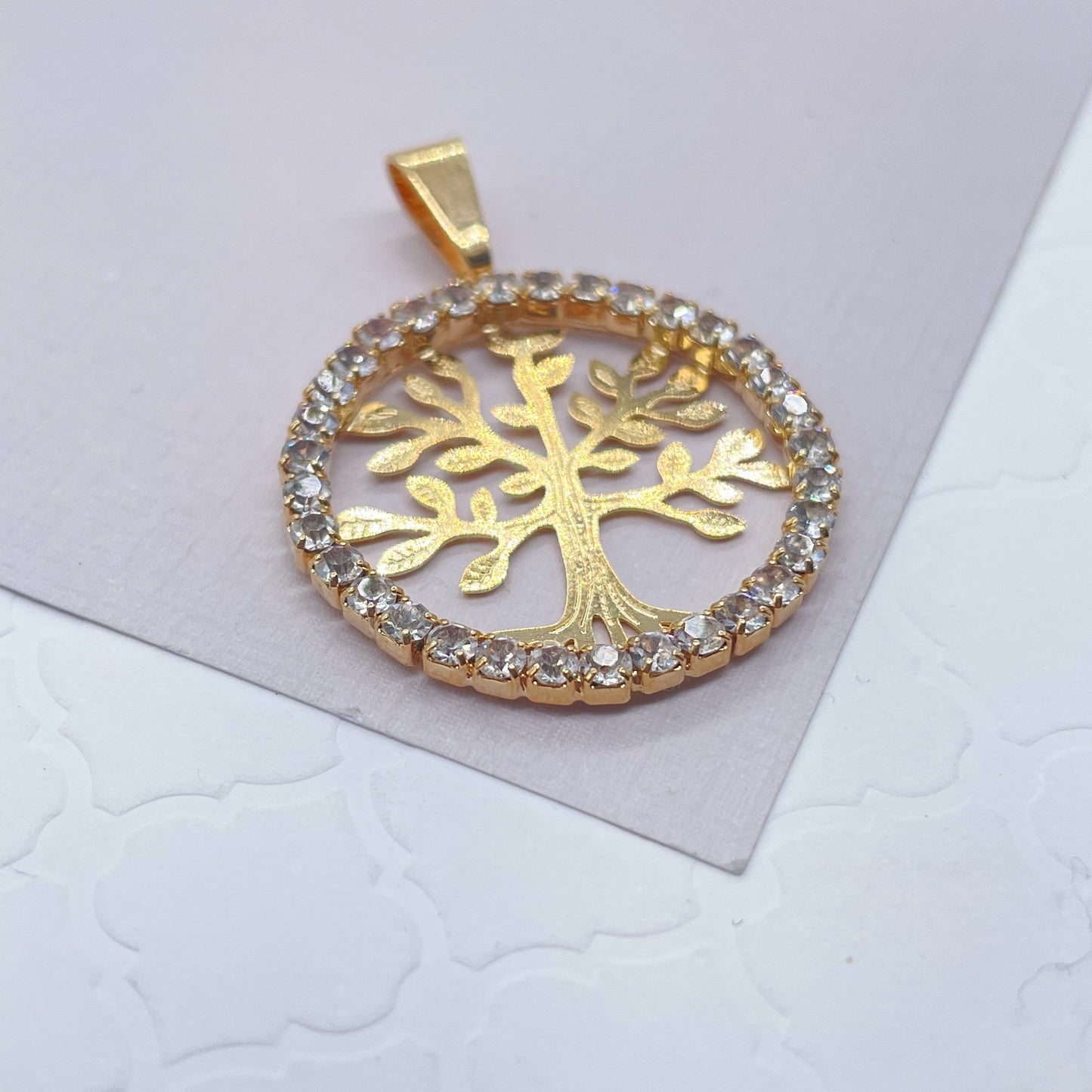 18k Gold Layered Tree of Life Round Cubic Zirconia Medallion Pendant Charm