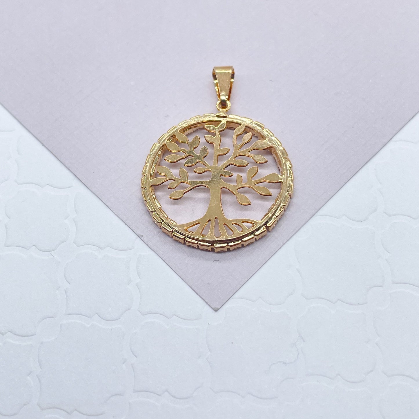 18k Gold Layered Tree of Life Round Cubic Zirconia Medallion Pendant Charm