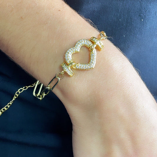 18k Gold Filled Paper Clip Link Bracelet Featuring Micro Pave Cubic Zirconia Heart Charm With CZ Connectors Jewelry