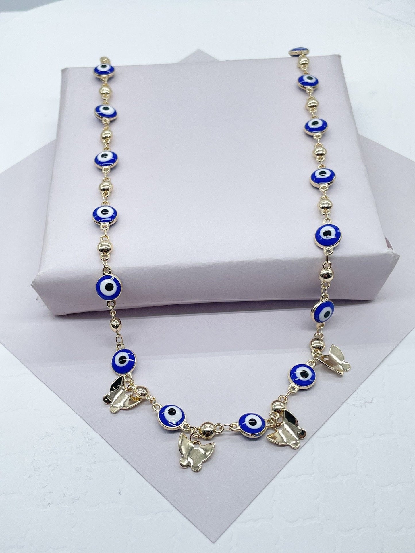 18k Gold Layered Evil Eye Beaded Necklace Detail Butterfly Gold Charm, Protection