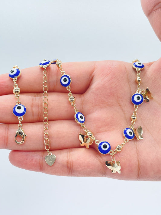 18k Gold Layered Evil Eye Beaded Necklace Detail Butterfly Gold Charm, Protection