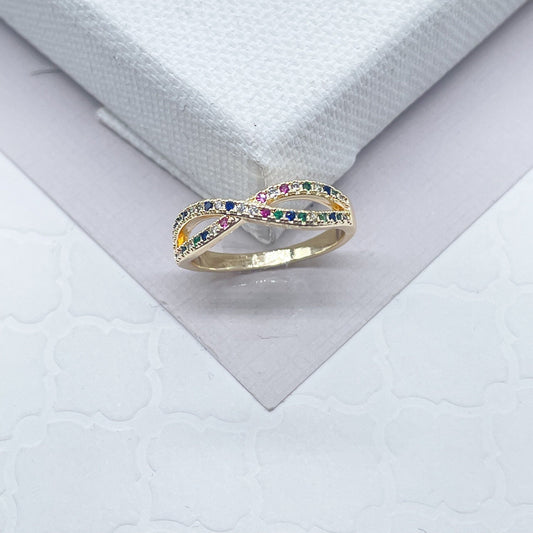 18k Gold Layered Infinity Ring Featuring Multi Color Micro Pave Cubic Zirconia