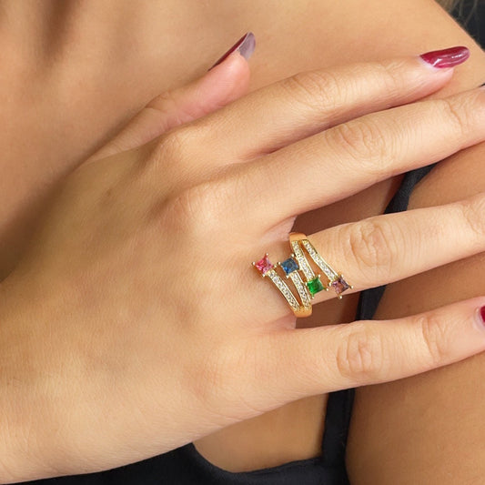 18k Gold Layered Ring with 4 Multi Color Princess Cut Zirconia Stone Featuring