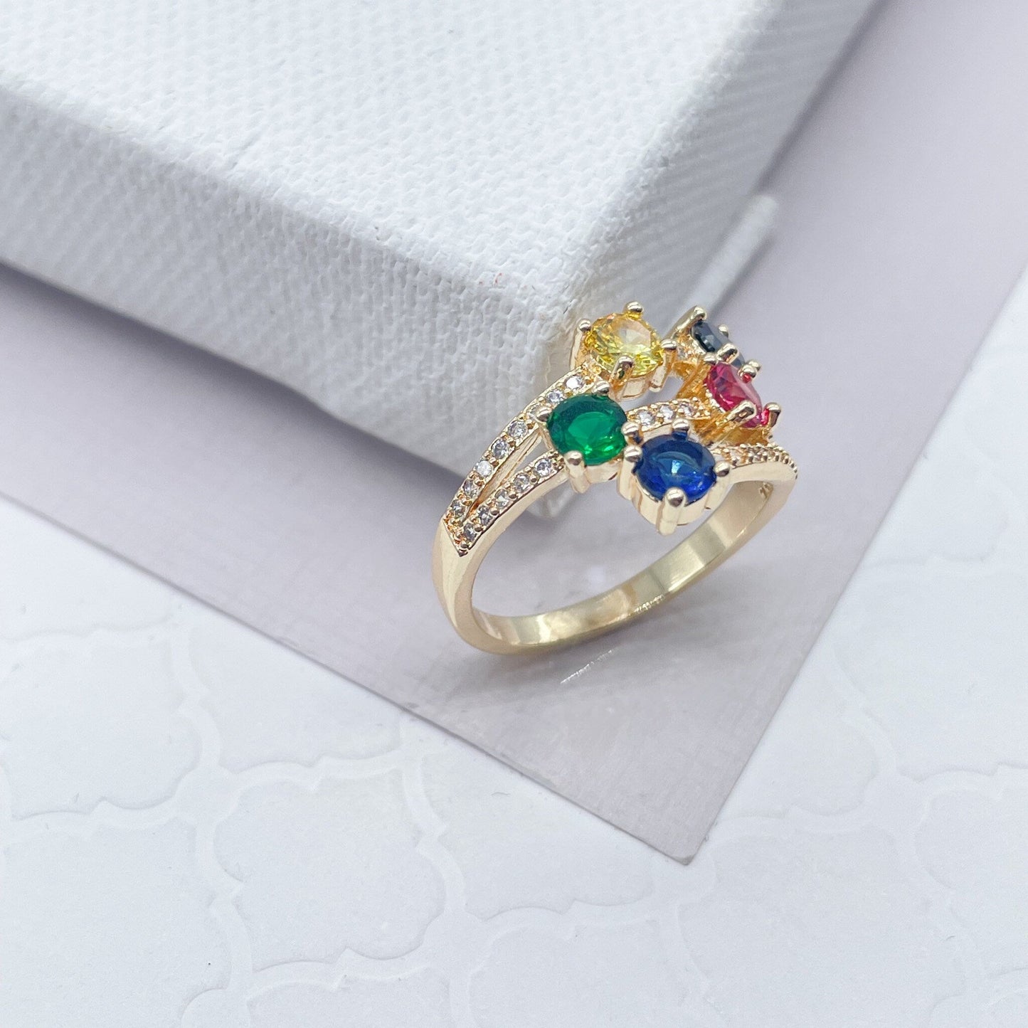 18k Gold Layered with Five Multi Color Cubic Zirconia Stones Ring Details In