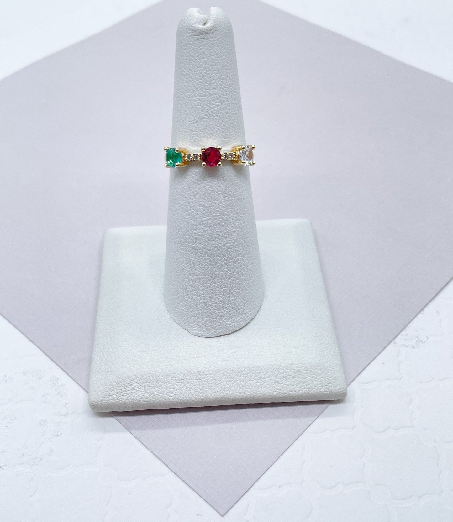 18k Gold Layered Pink, Crystal and Green Color Cubic Zirconia Stones Ring