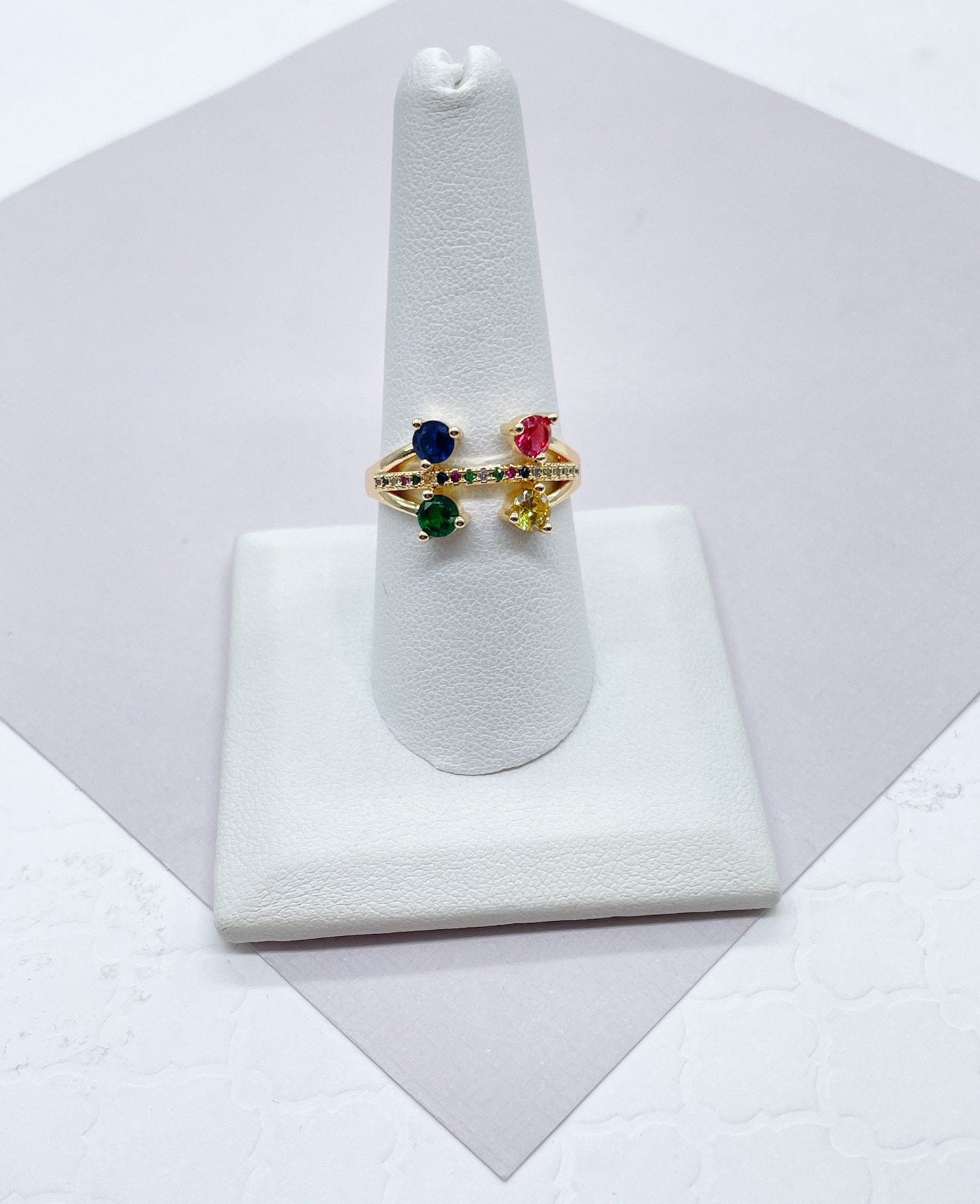 18k Gold Layered Pink, Blue, Yellow and Green Color Cubic Zirconia Stones Ring