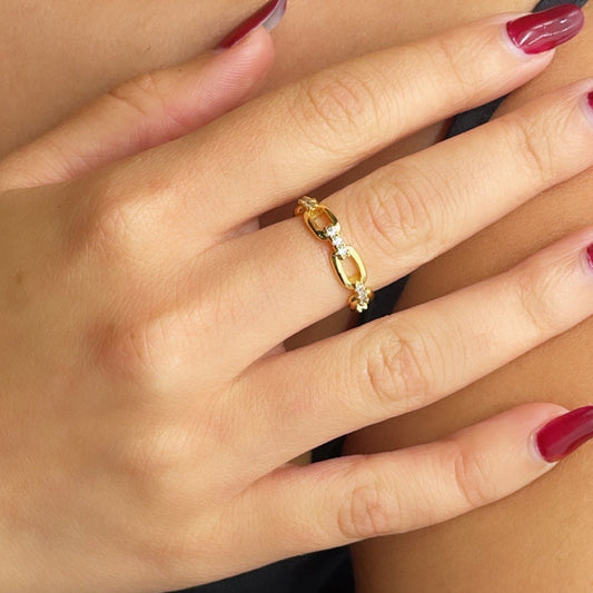 18k Gold Layered Minimalistic Adjustable Link Chain Ring Featuring Micro Pave