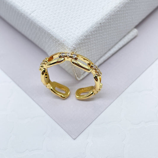 18k Gold Layered Minimalistic Adjustable Link Chain Ring Featuring Micro Pave