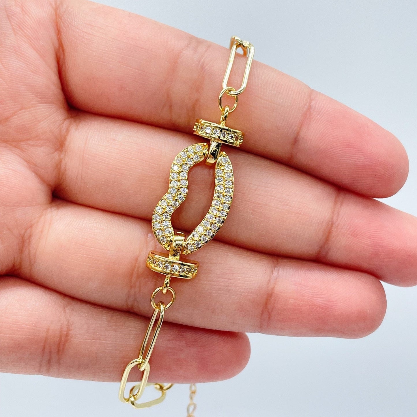 18k Gold Layered Paper Clip Link Bracelet Featuring Micro Pave Cubic Zirconia