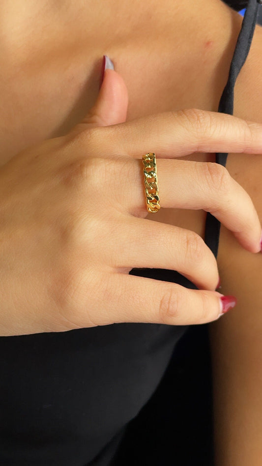 18k Gold Layered Thin Link Adjustable Ring, Cuban Link Adjustable Ring, Curb Link