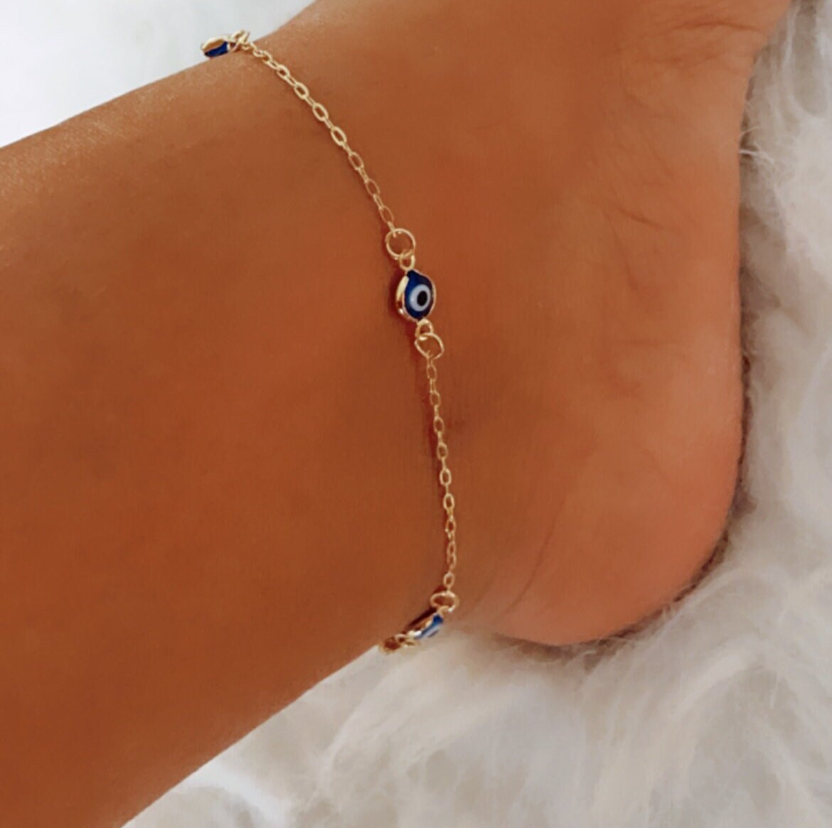 18k Gold Layered Dainty Blue Color Evil Eye Anklet, Protection Jewelry, Wholesale