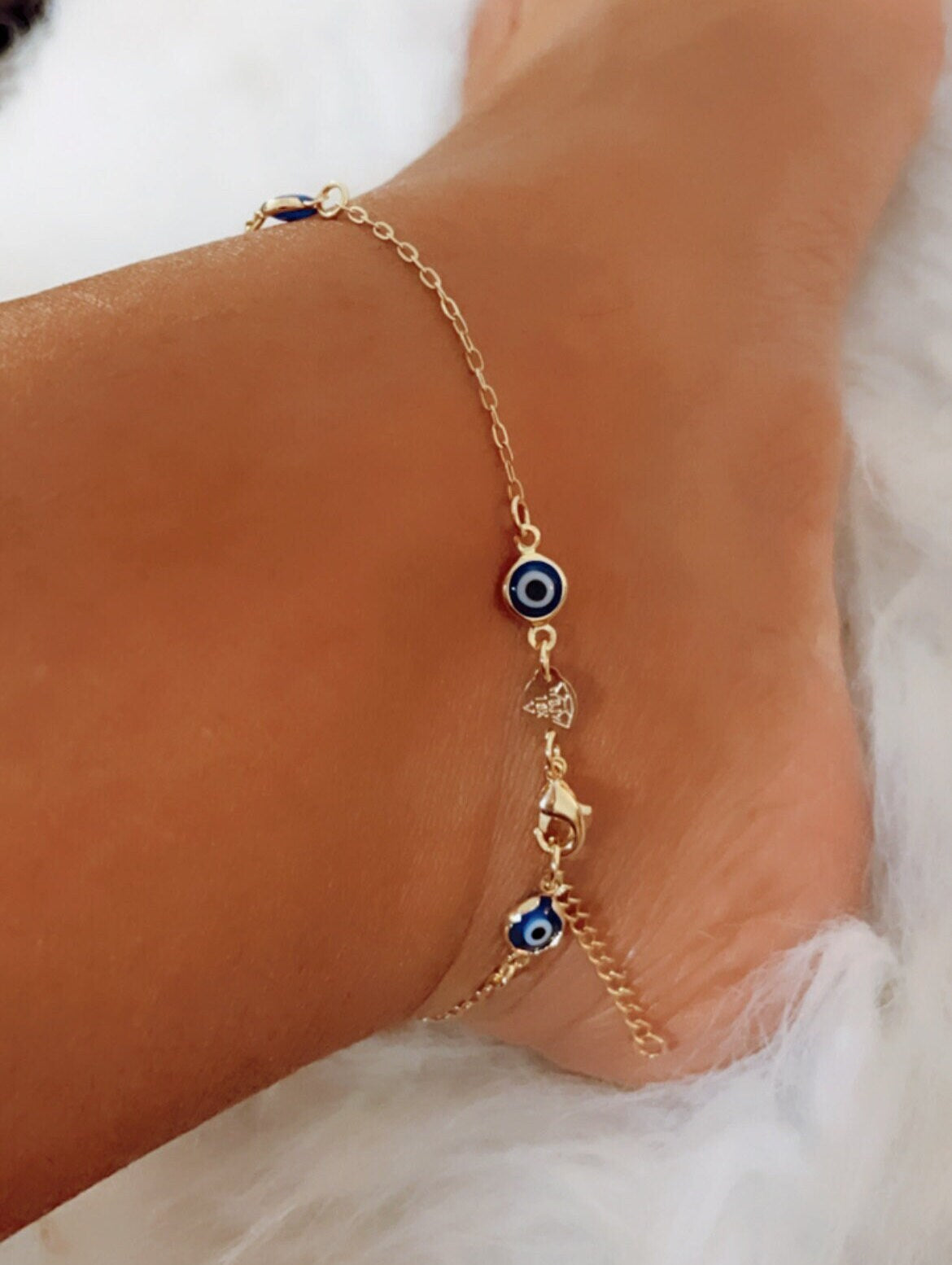 18k Gold Layered Dainty Blue Color Evil Eye Anklet, Protection Jewelry, Wholesale