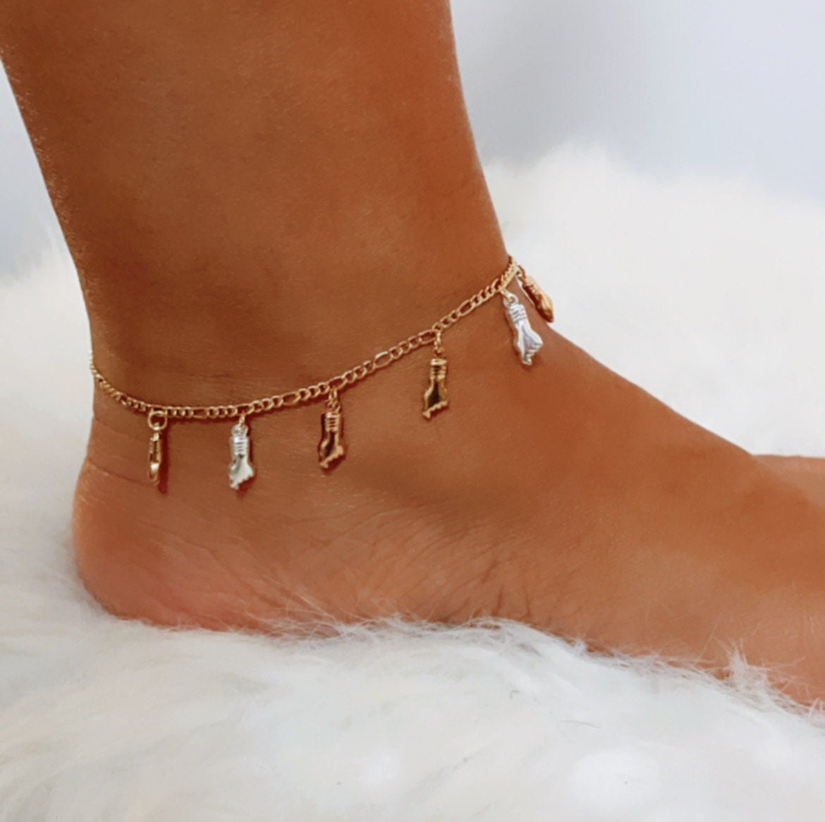 18k Gold Layered Thin Figaro Anklet with Tri-Color "Figa", Silver, Gold And