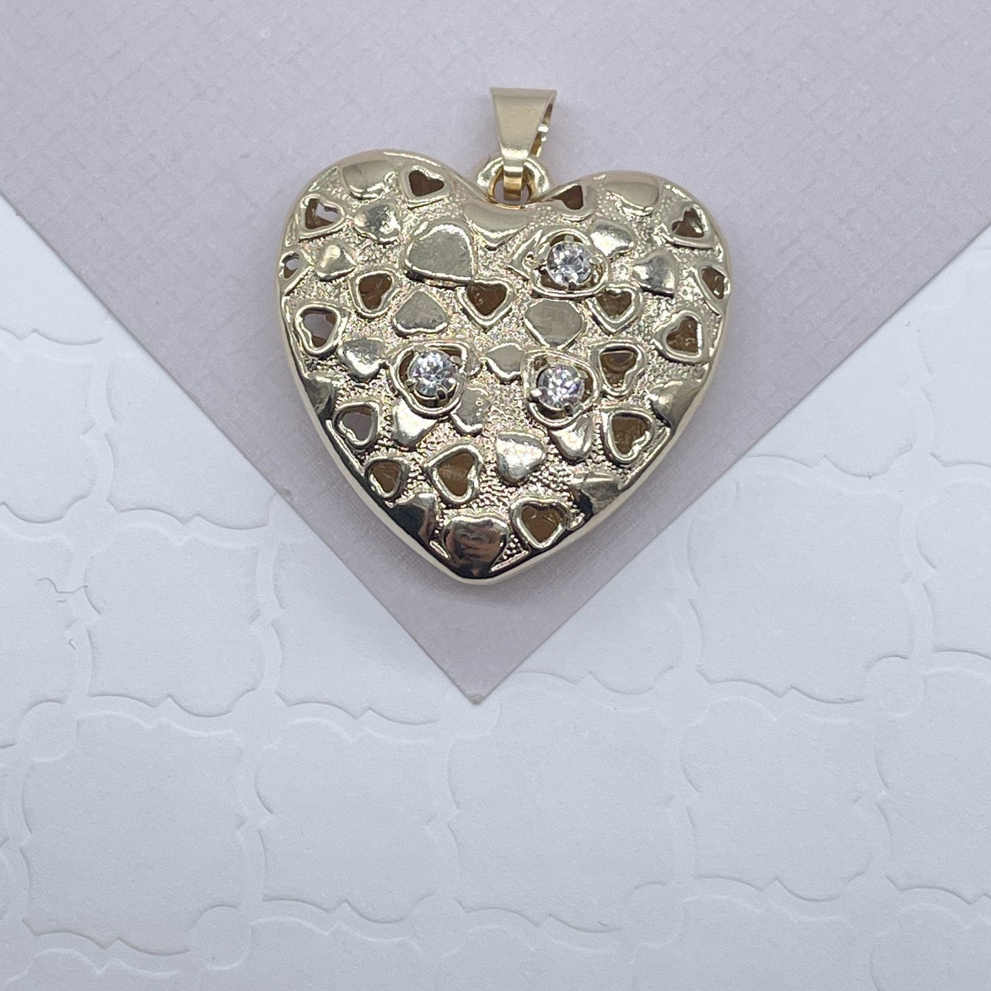 Double Sided 18k Gold Layered Puffy Heart Pendant Charm Featuring Multicolor CZ