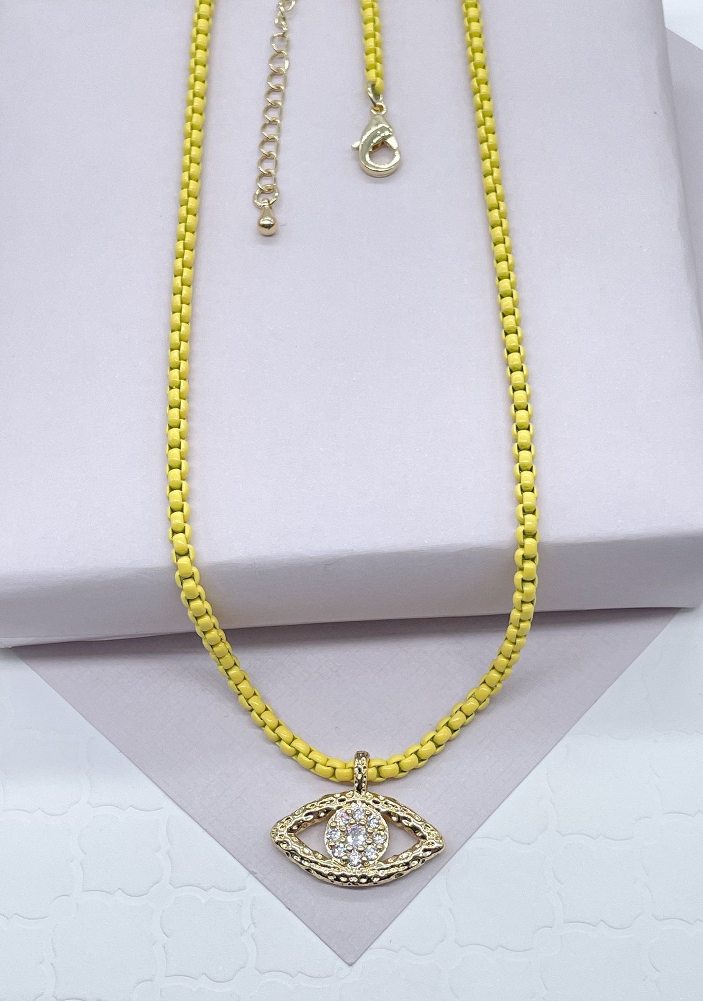 18k Gold Layered Colorful Enamel Box Chain Featuring Cubic Zirconia Evil Eye