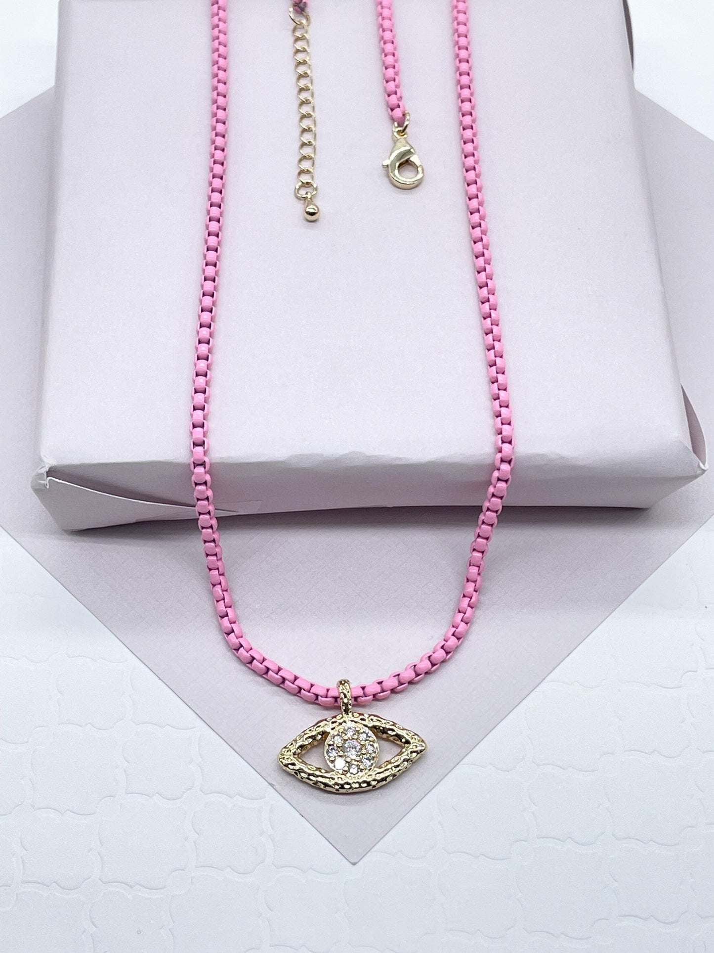 18k Gold Layered Colorful Enamel Box Chain Featuring Cubic Zirconia Evil Eye