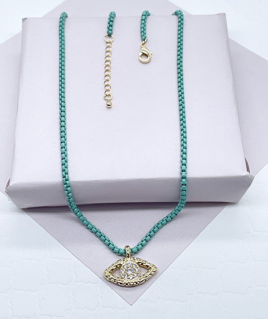18k Gold Filled Colorful Enamel Box Chain Featuring Cubic Zirconia Evil Eye Pendant Charm Necklace