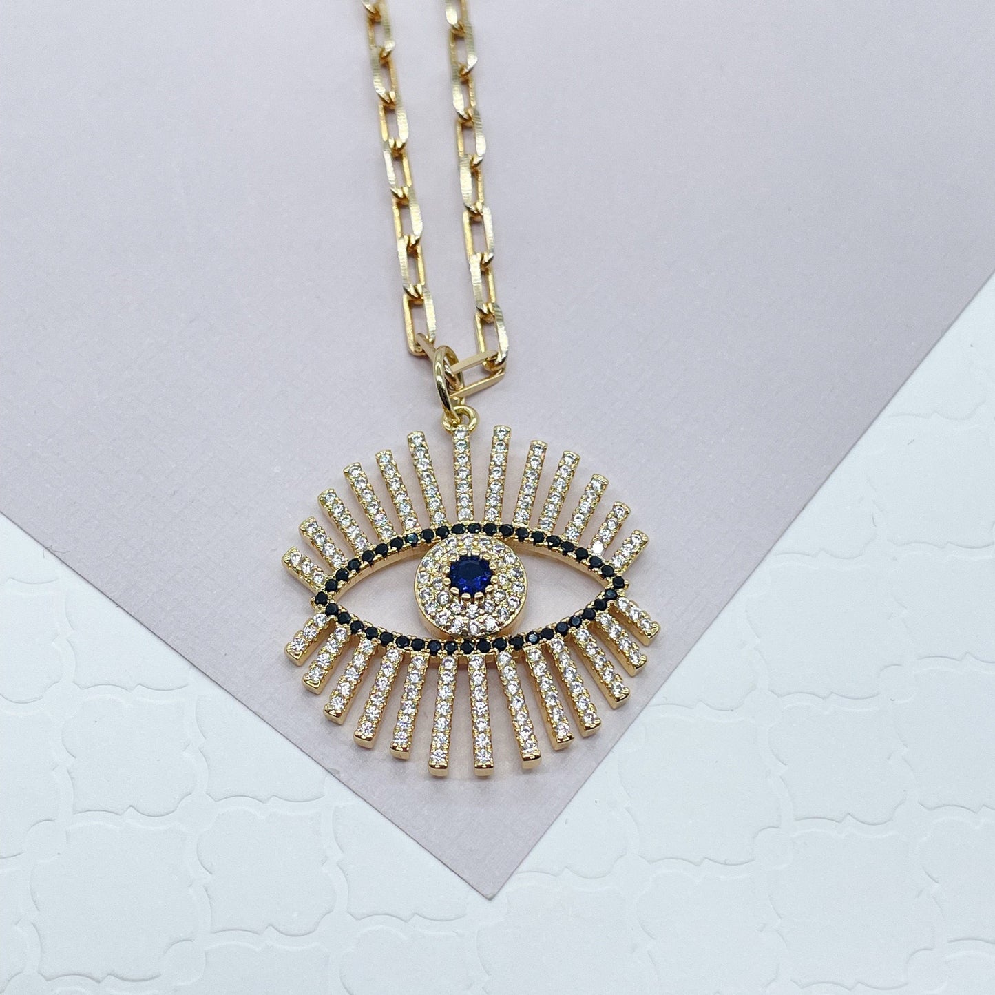 18k Gold Layered Paper Clip Chain Necklace Featuring Protection Large Evil Eye