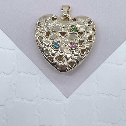 Double Sided 18k Gold Layered Puffy Heart Pendant Charm Featuring Multicolor CZ