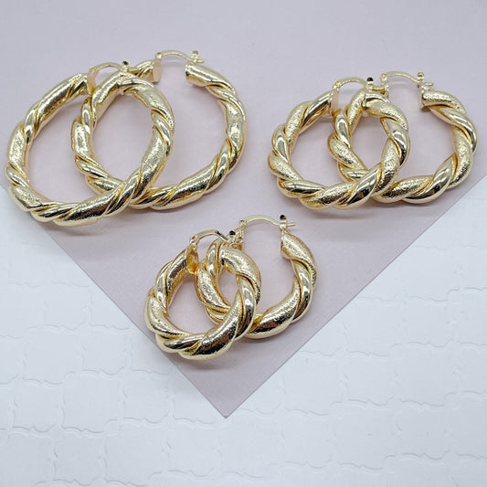 18k Gold Filled 6mm Thick Twisted Plain And Matte Tube Hoop Earrings Available