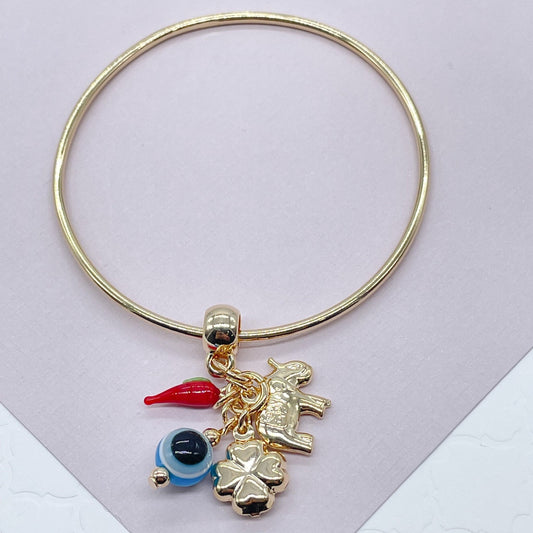 18k Gold Layered Bangle with Good Luck Charms, Evil Eye, Elephant, Clove Leaf &