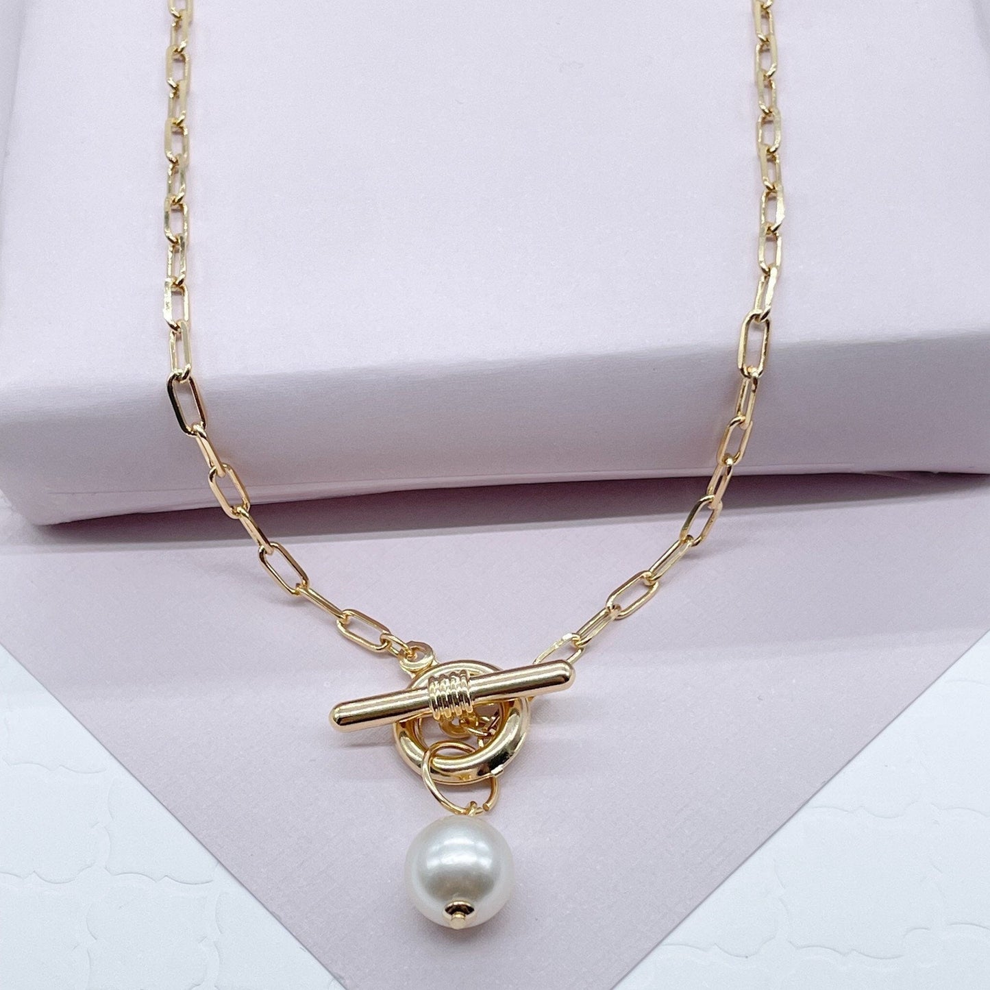 18k Gold Layered Thin Paper Clip Necklace Lariat Featuring Pearl Toggle Closing