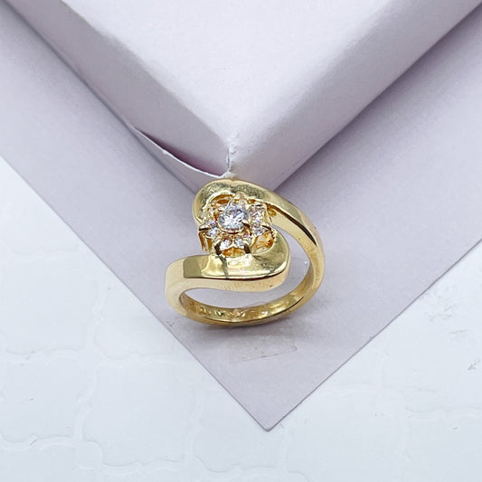 18k Gold Layered Flower Ring With Cubic Zirconia Stones Surrounded With Gold