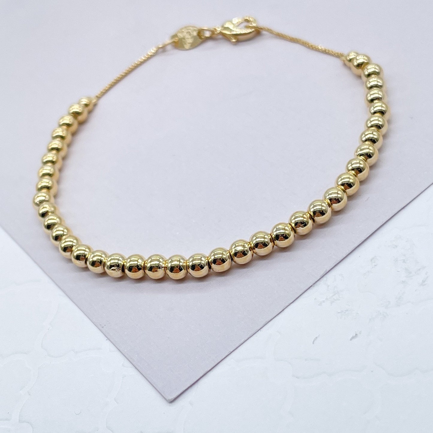 18k Gold Layered Classic 4mm Beaded  Bracelet, Gold Plain Ball Bracelet,