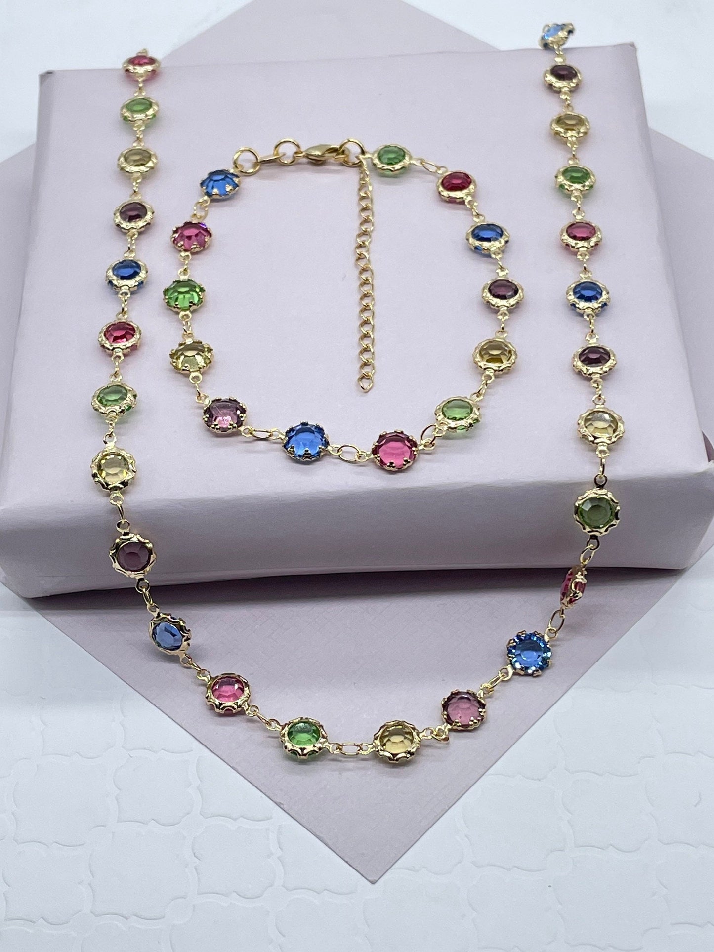 18k Gold Filled Colorful Festive Jewelry Set With 18” Necklace And Bracelet With Extender  Jewelry