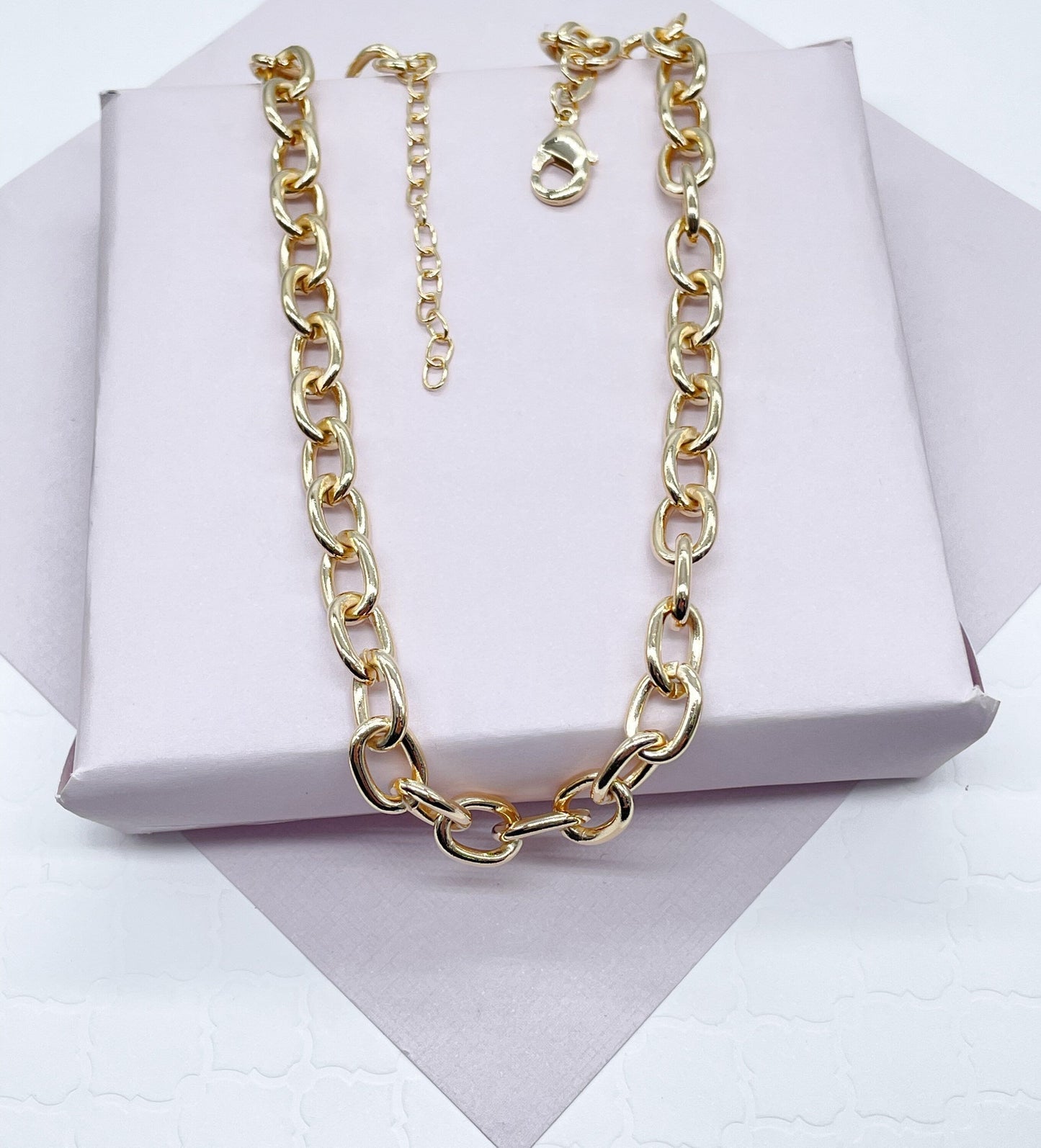 18k Gold Filled Chunky "but Light" Link Necklace Bracelet Set With Extenders, Gift  Her Jewelry