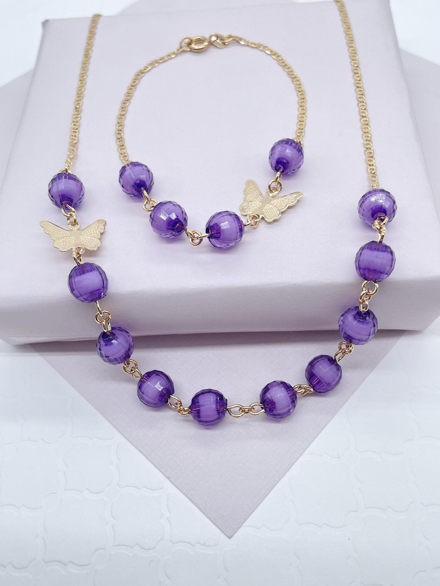 18k Gold Layered Dark Purple Glass Bead Butterfly Set of Bracelet And Necklace