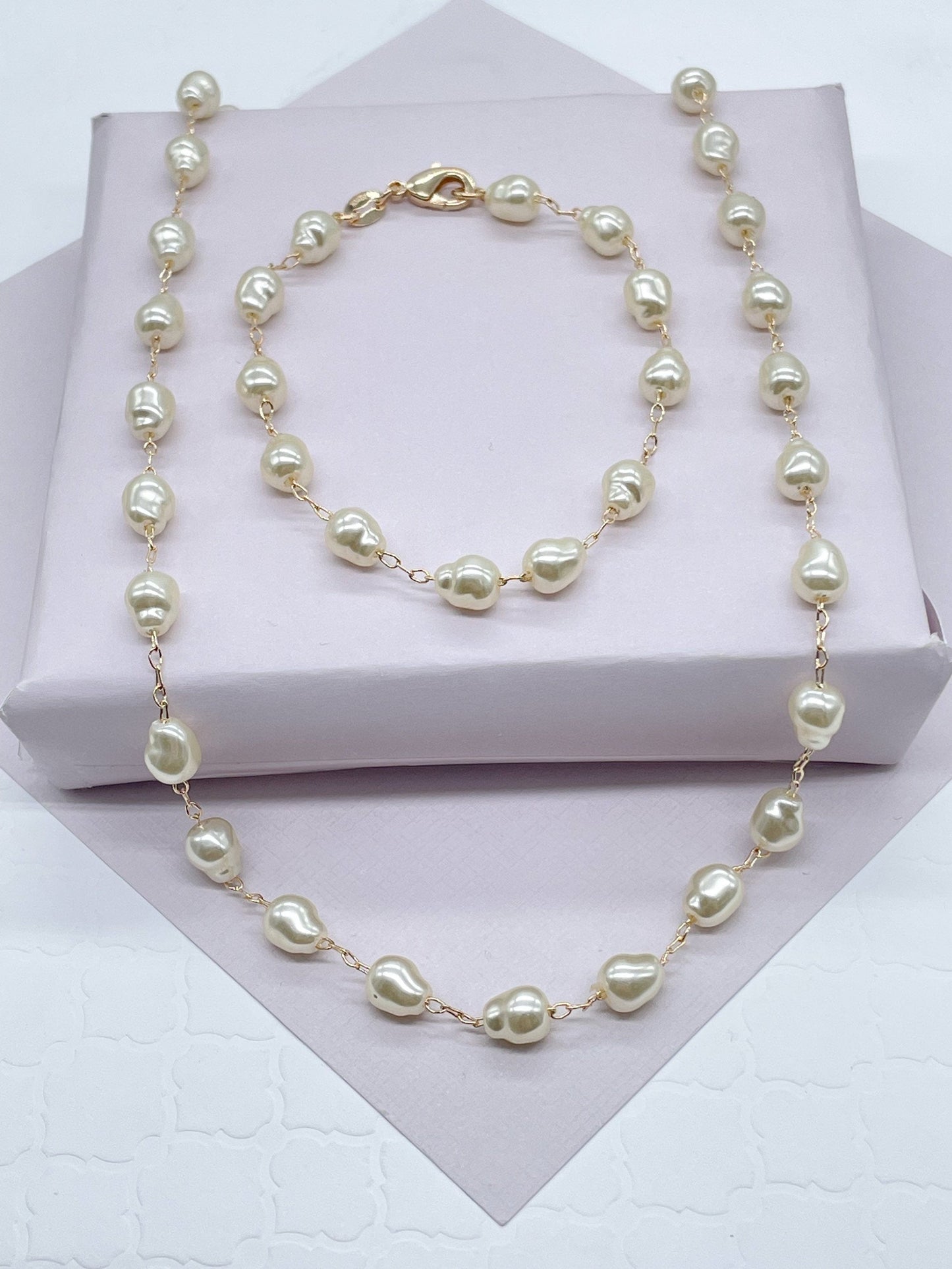 Elegant 18k Gold Layered Simulated Pearl Jewelry Set, Cream Pearl Bracelet