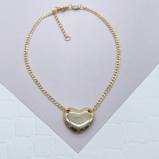 18k Gold Layered Solitaire Cute Puffy Heart Charm Anklet in Curb Chain
