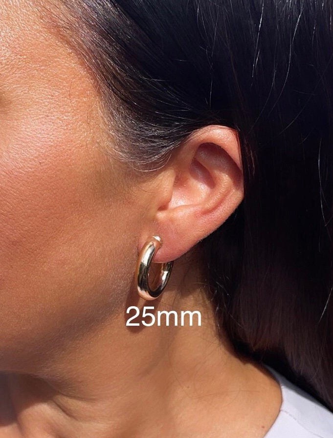 Thick 18k Gold Layered Plain 5mm Chunky 3/4 Hoop Earrings Push Back Closing For