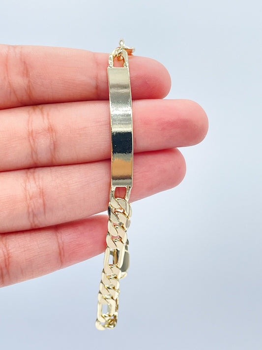18k Gold Layered Figaro Link ID Children’s Bracelet, Bar Bracelet For Kids
