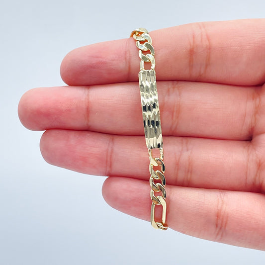 18k Gold Layered Figaro Link Children's Bracelet Featuring Texture Bar, Kids