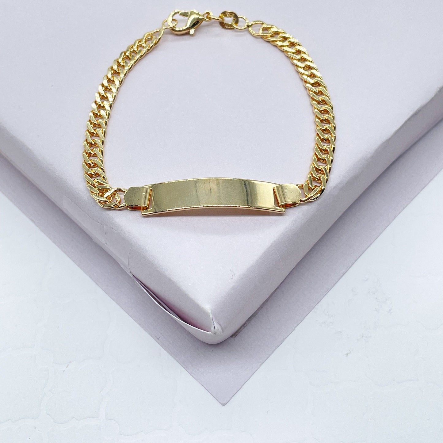 18k Gold Layered Cuban Link ID Children’s Bracelet, Curb Chain Bar Bracelet For