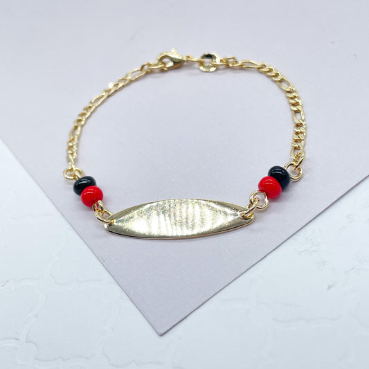 18k Gold Layered Figaro Link ID Children’s Bracelet Featuring Simulated