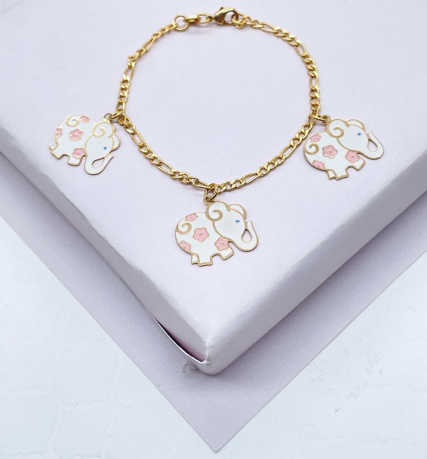 Cute 18k Gold Layered Children’s Colorful Charm Bracelet, Fish, Elephant, Bee,