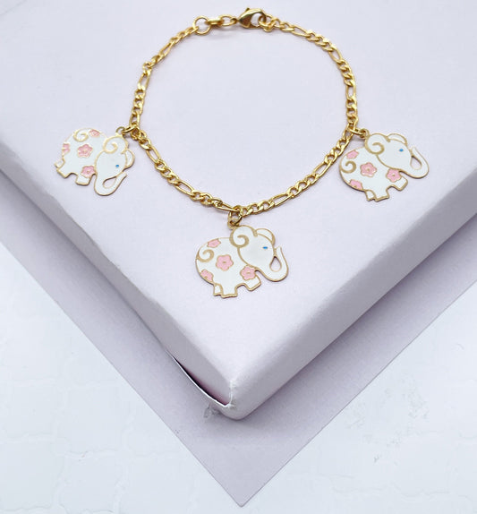 Cute 18k Gold Layered Children’s Colorful Charm Bracelet, Fish, Elephant, Bee,