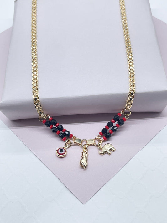 18k Gold Layered Protection “Figa” Hand, Red Evil Eye, Luck Elephant Charm