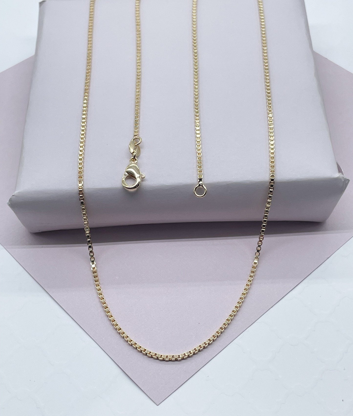 18k Gold Layered 1.5mm Thickness Box Chain, Available In 16” & 18” For