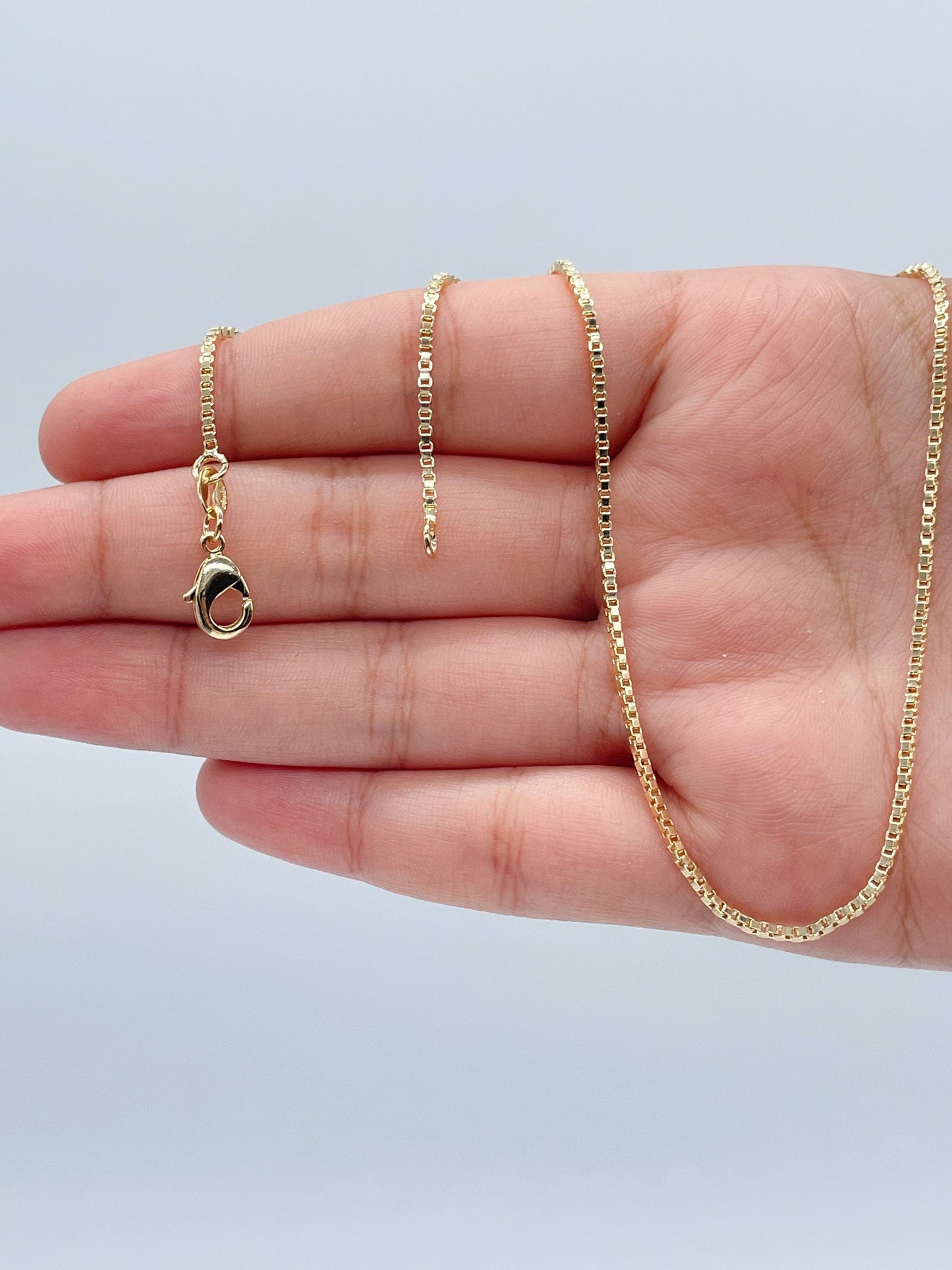 18k Gold Layered 1.5mm Thickness Box Chain, Available In 16” & 18” For