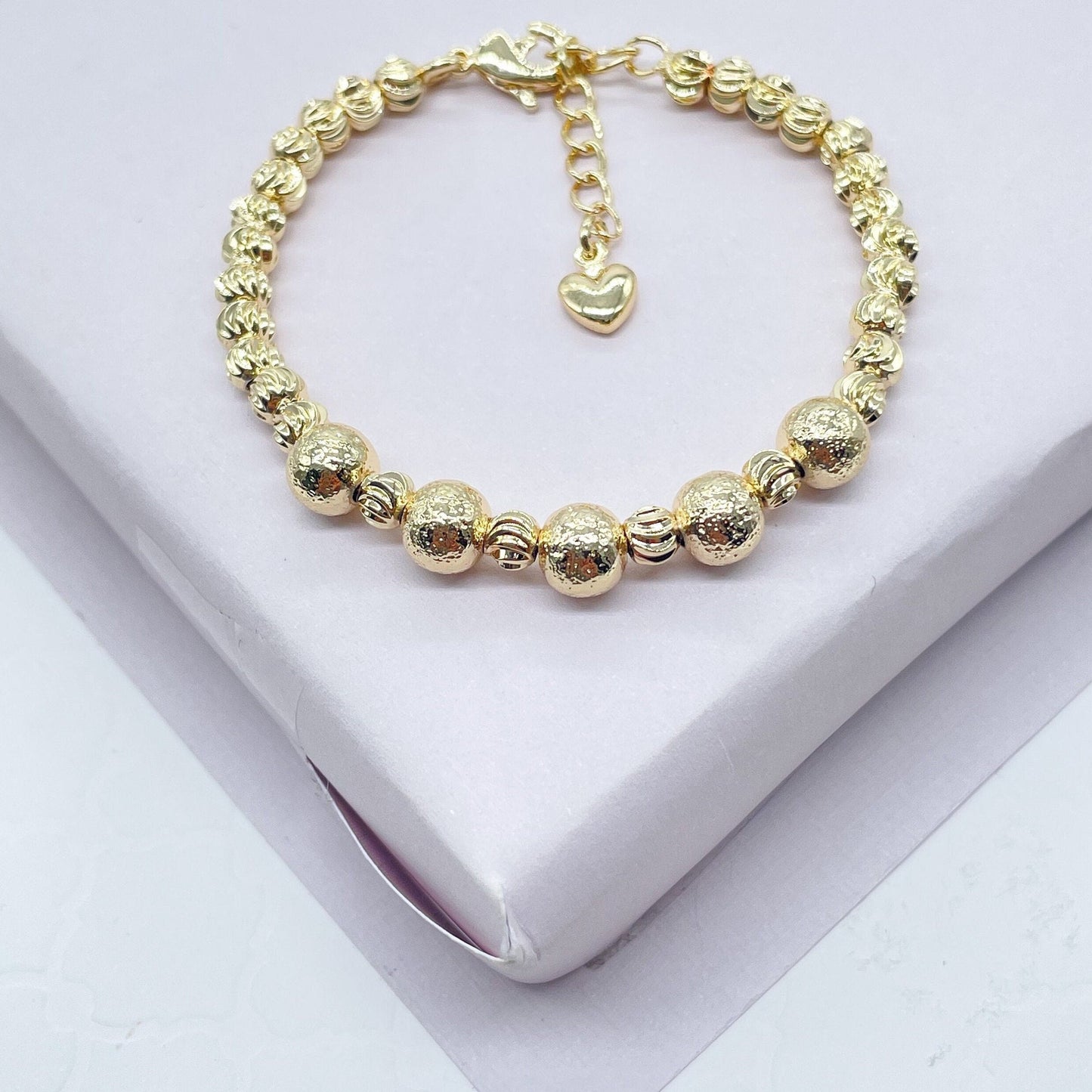 18k Gold Layered Crackle Beaded Kids Bracelet Featuring Fancy Corrugated Small