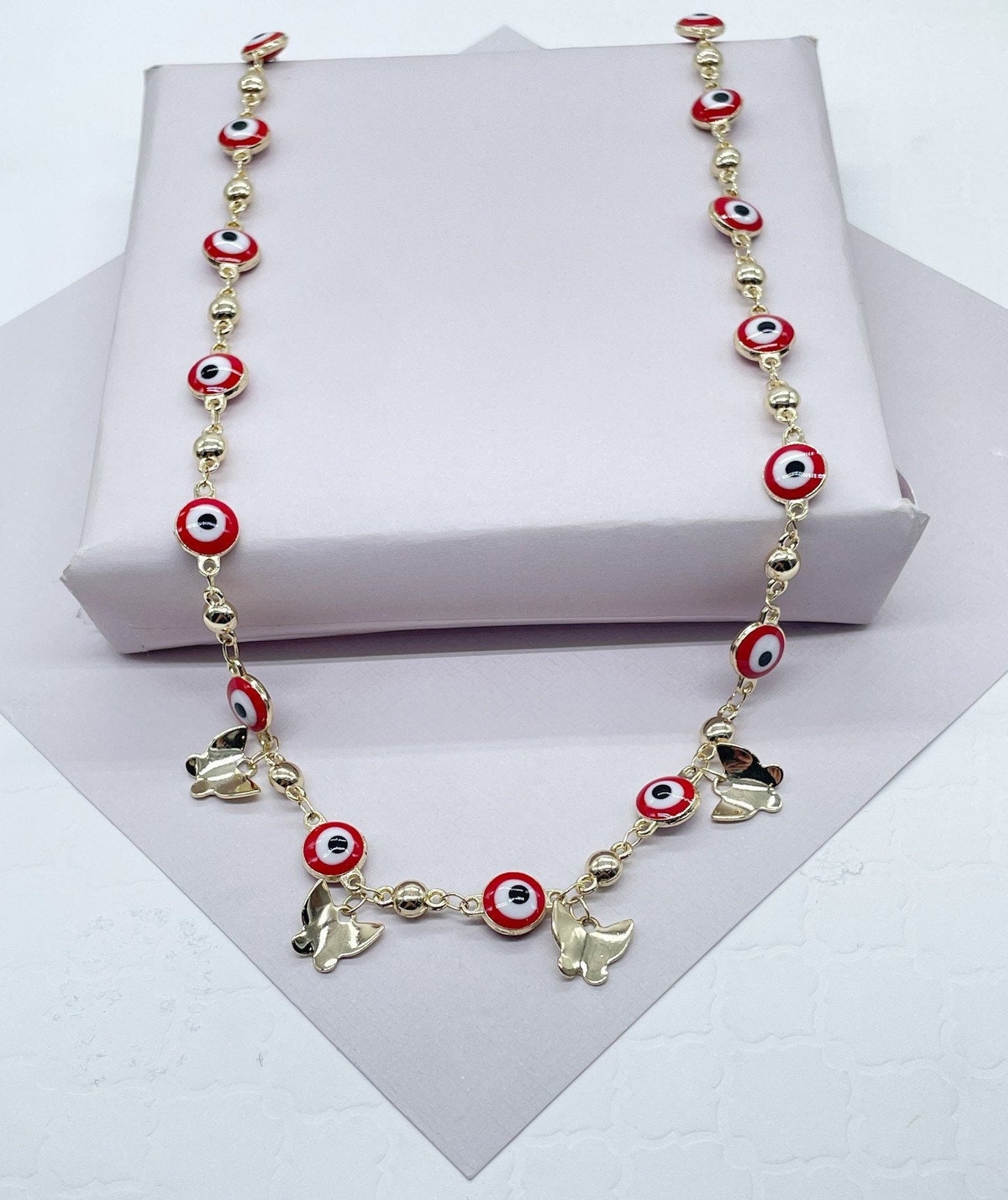 18k Gold Layered Evil Eye Beaded Necklace Detail Butterfly Gold Charm, Protection