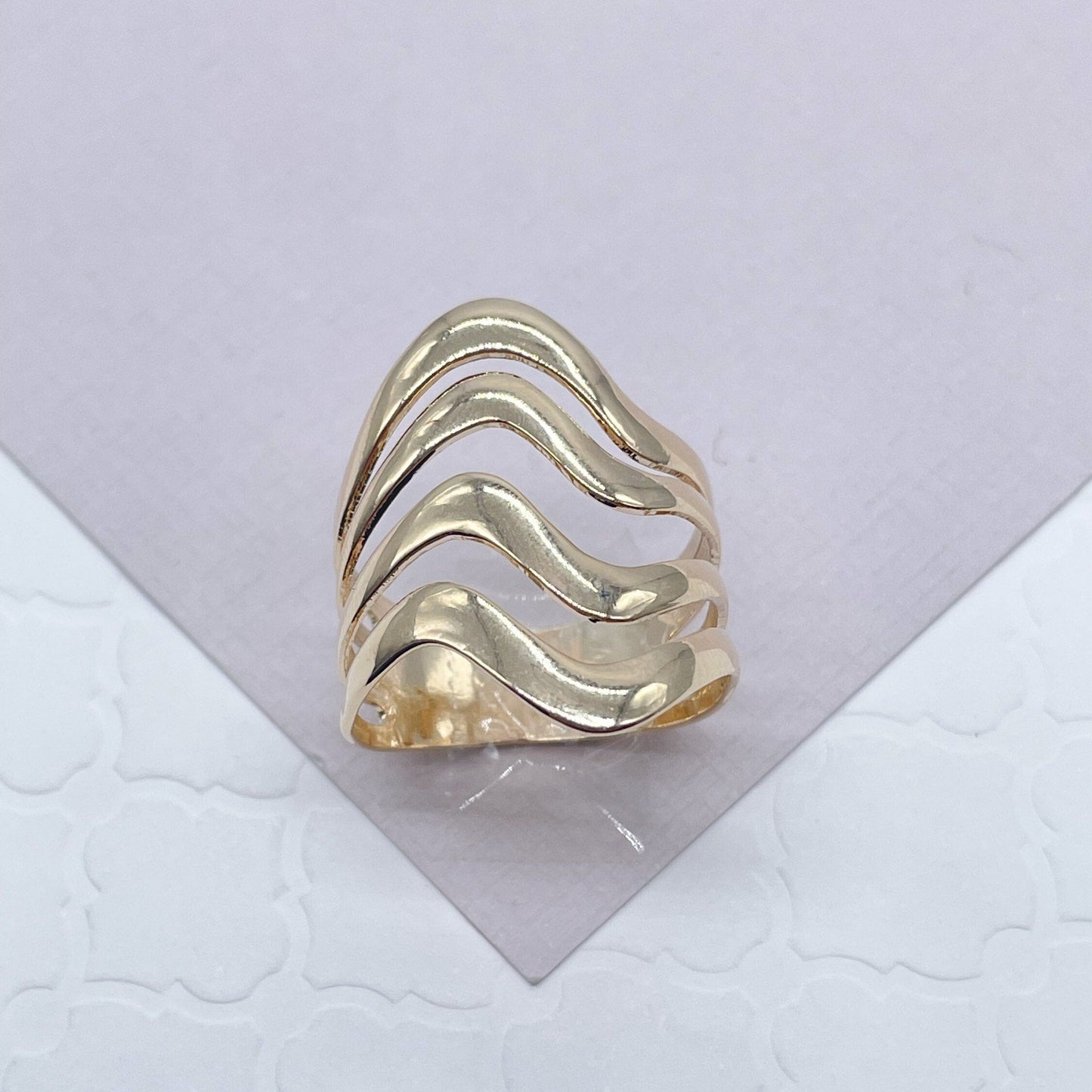 Fine 18k Gold Layered Multiple Fancy Waves Ring, Simple Plain Gold Waves