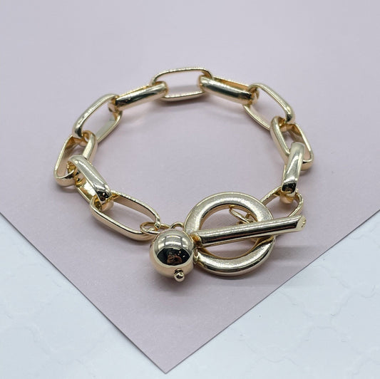 18k Gold Filled Thick Paper Clip Featuring Chunky Toggle Clasp & Ball Charm